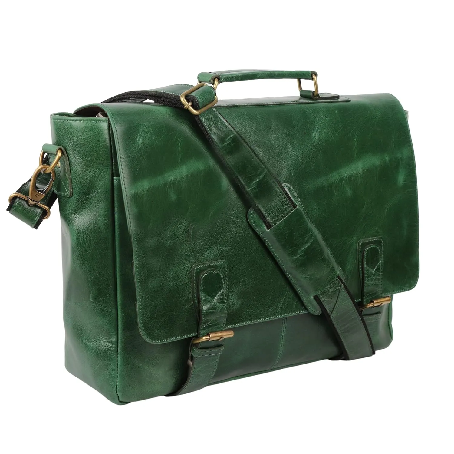 Green Leather Laptop Messenger Bag Briefcase (X-Large 18 inch, Green)