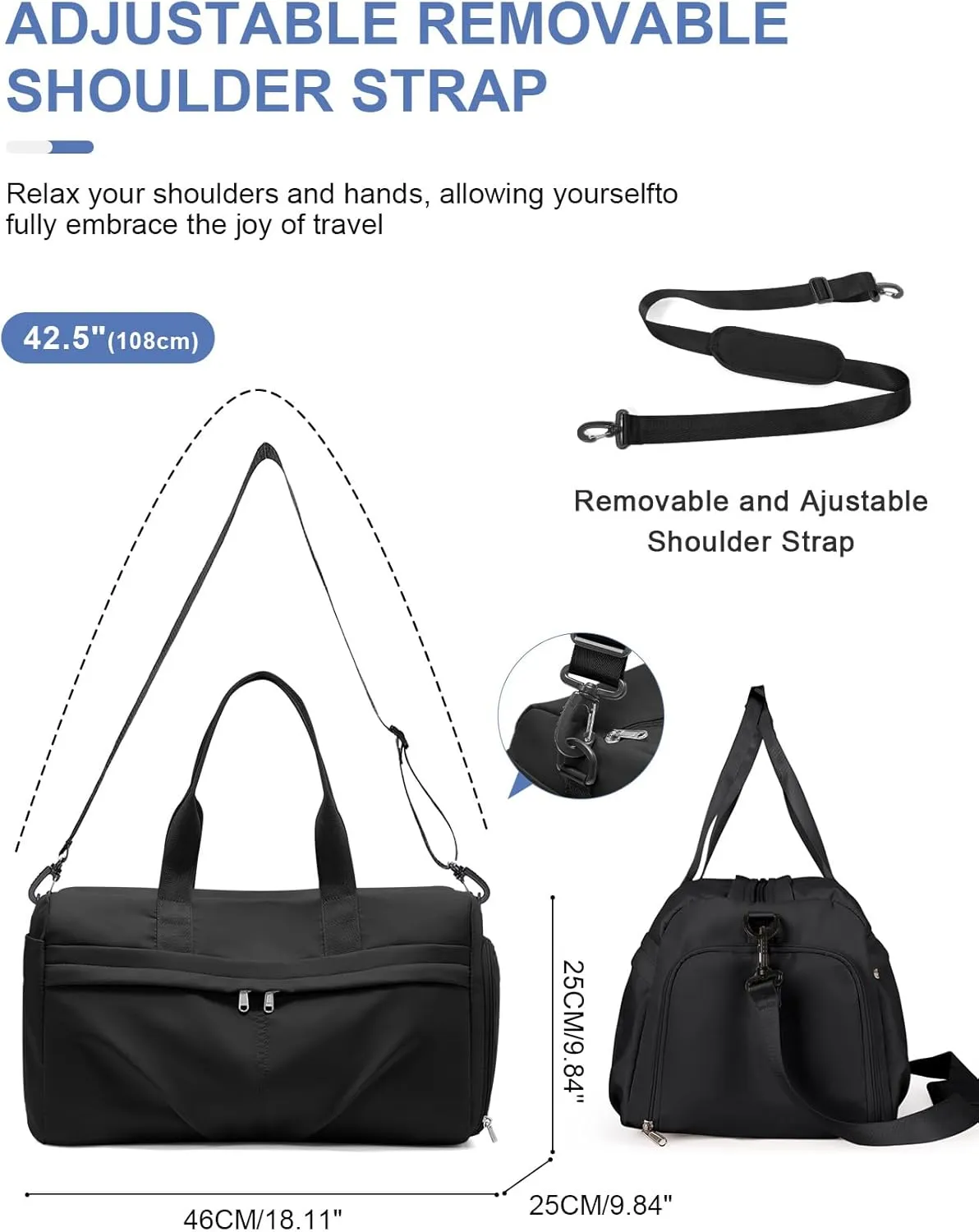 Gym Bag for Women Men with Shoe Compartment, Sport Duffel Bag, Waterproof Travel Weekender Overnight Carry on Bag for Yoga with Trolley Sleeve, Black