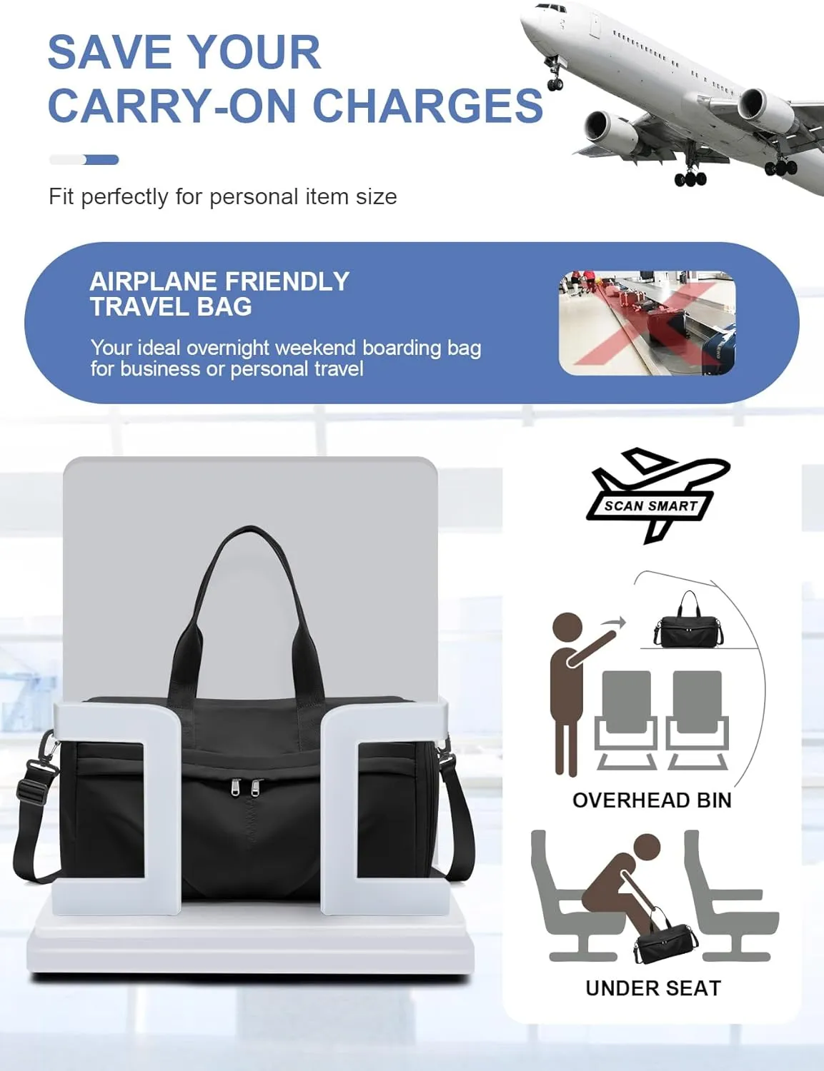 Gym Bag for Women Men with Shoe Compartment, Sport Duffel Bag, Waterproof Travel Weekender Overnight Carry on Bag for Yoga with Trolley Sleeve, Black