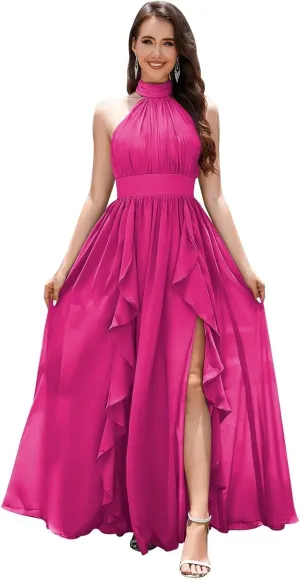 Halter Bridesmaid Dresses for Wedding with Slit Ruffle Ruched Chiffon Sleeveless Long Formal Evening Gowns