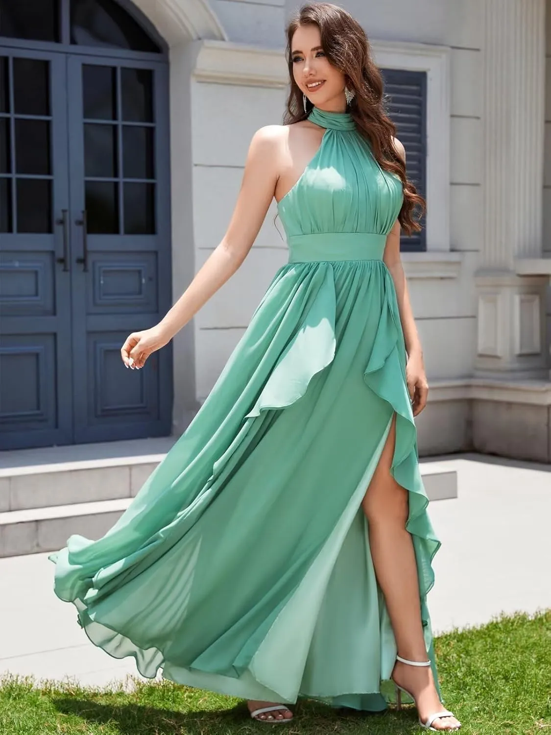 Halter Bridesmaid Dresses for Wedding with Slit Ruffle Ruched Chiffon Sleeveless Long Formal Evening Gowns