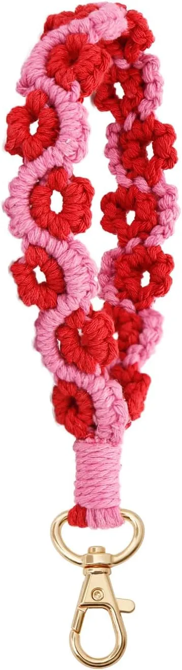 Handmade Boho Macrame Keychain Soft Flower Pom Pom Wristlet Keychain Bracelet Keyring Holder Wrist Lanyard For Women