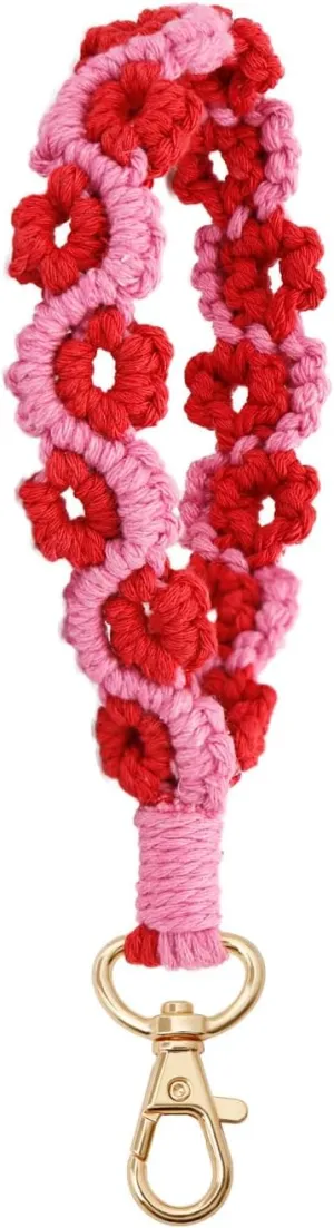 Handmade Boho Macrame Keychain Soft Flower Pom Pom Wristlet Keychain Bracelet Keyring Holder Wrist Lanyard For Women