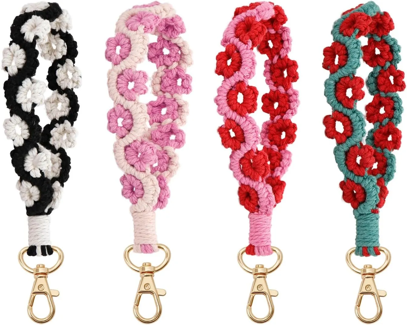 Handmade Boho Macrame Keychain Soft Flower Pom Pom Wristlet Keychain Bracelet Keyring Holder Wrist Lanyard For Women