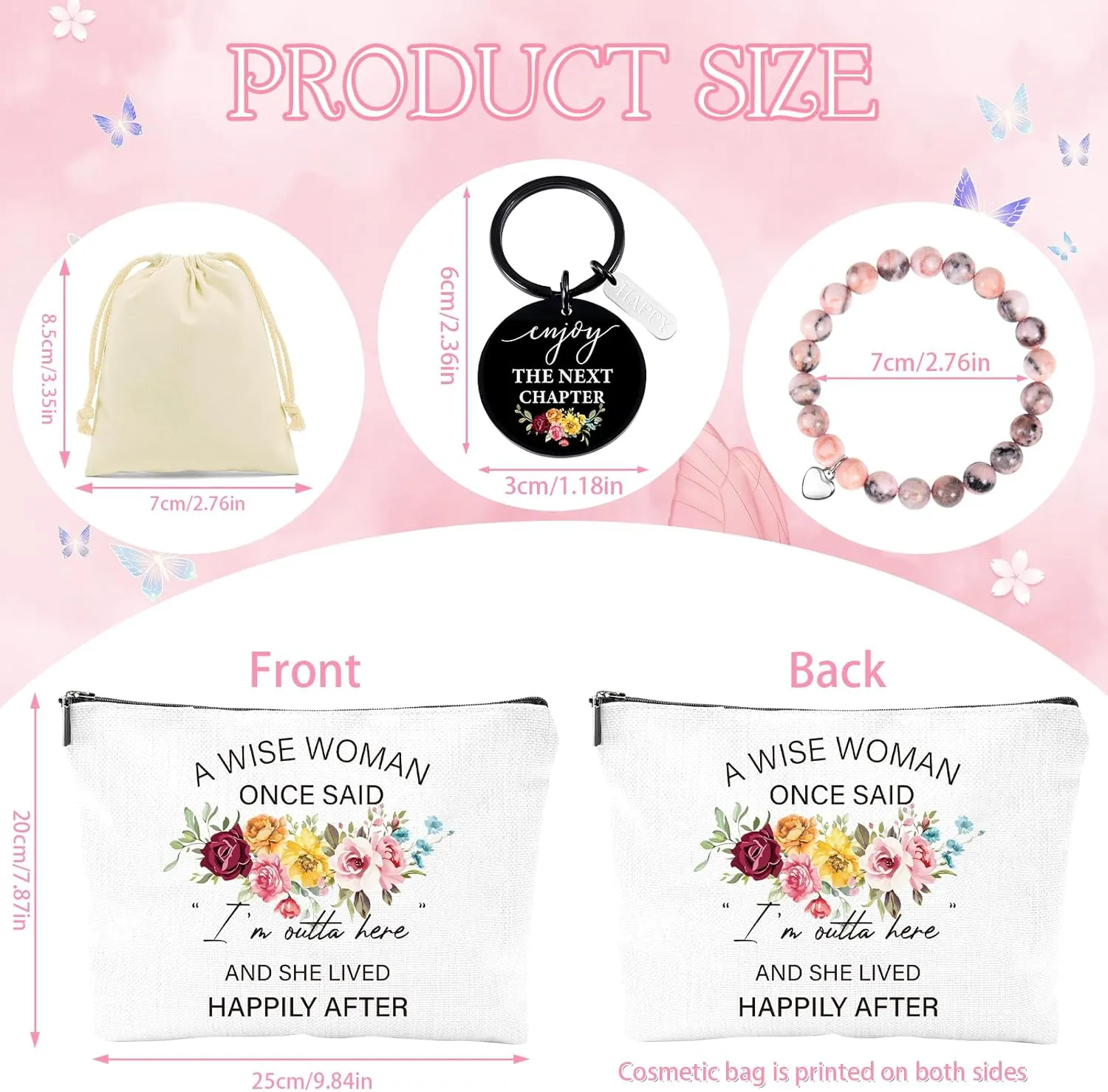 Happy Retirement Gifts for Women - 3Pcs Retirement Gifts Sets for Retirees Nurses Teachers Lawyers Mother Grandma Bosses Coworkers, 2025 Retire Themed Makeup Bag, Keychain, Healing Bracelets
