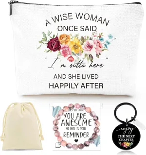 Happy Retirement Gifts for Women - 3Pcs Retirement Gifts Sets for Retirees Nurses Teachers Lawyers Mother Grandma Bosses Coworkers, 2025 Retire Themed Makeup Bag, Keychain, Healing Bracelets