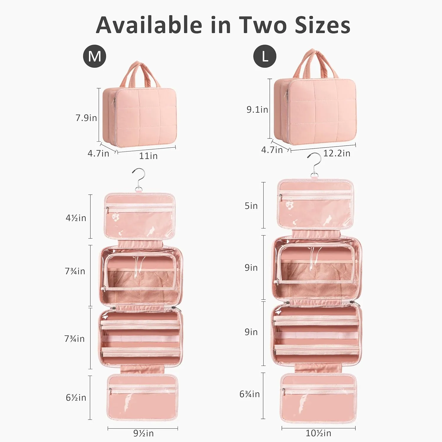 HBlife Travel Toiletry Bag with Jewelry Organizer for Women, Puffy Hanging Travel Bag for Toiletries with Trolley Belt, Waterproof Makeup Cosmetic Bag Organizer, Travel Accessories Essentials(Pink, M)
