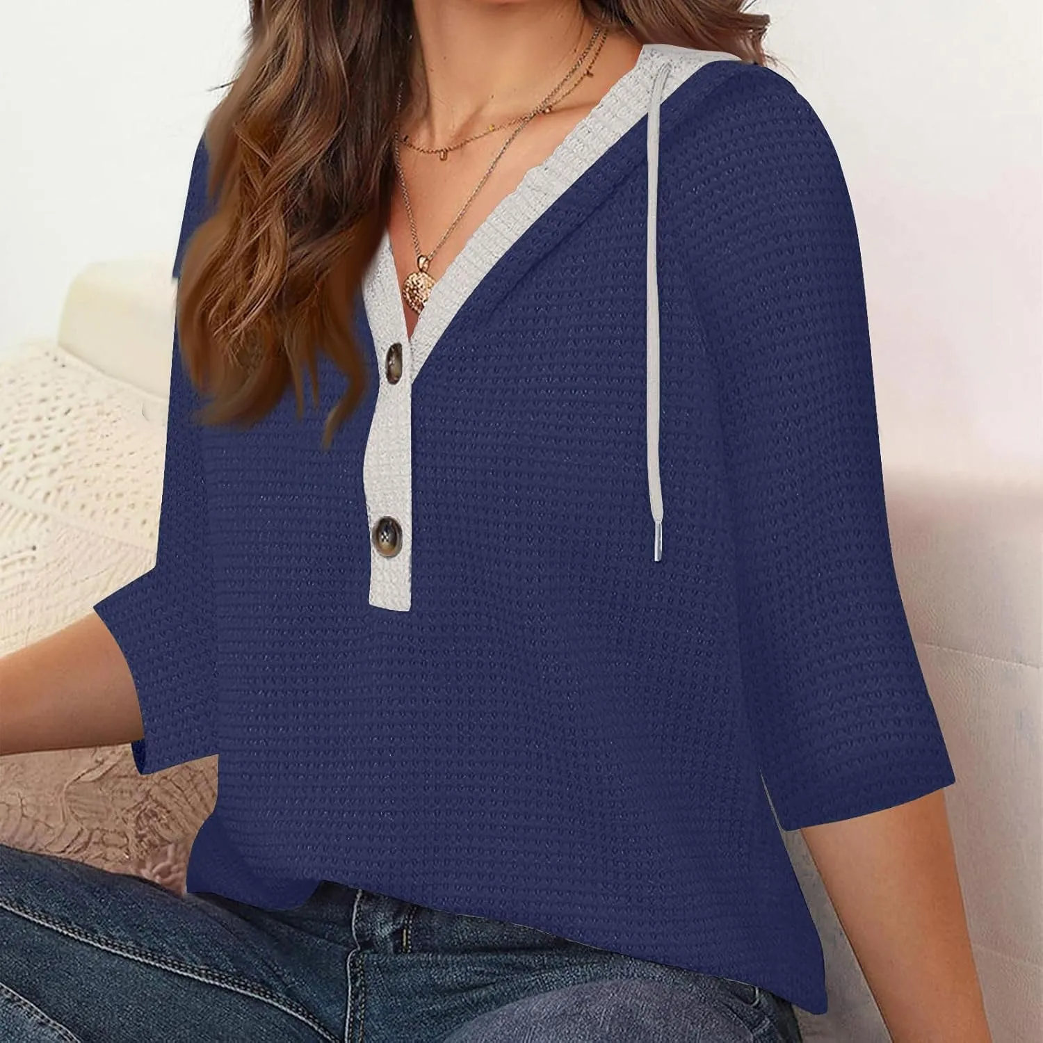 Henley Shirts for Women 3/4 Length Sleeve Button Summer Waffle Hoodies Pullover Cute Vneck Tops Elbow Sleeve Shirts