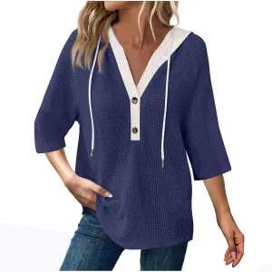 Henley Shirts for Women 3/4 Length Sleeve Button Summer Waffle Hoodies Pullover Cute Vneck Tops Elbow Sleeve Shirts