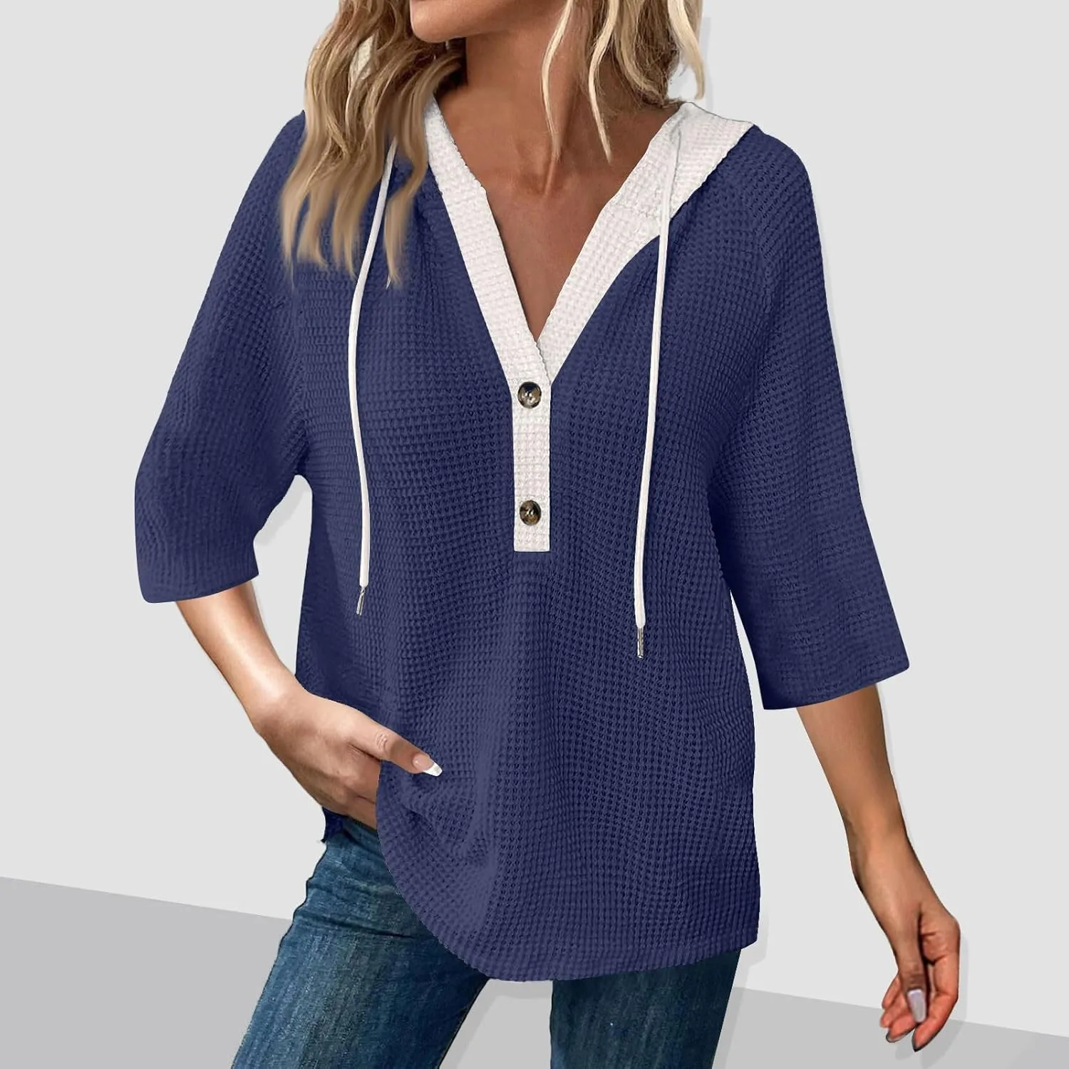 Henley Shirts for Women 3/4 Length Sleeve Button Summer Waffle Hoodies Pullover Cute Vneck Tops Elbow Sleeve Shirts