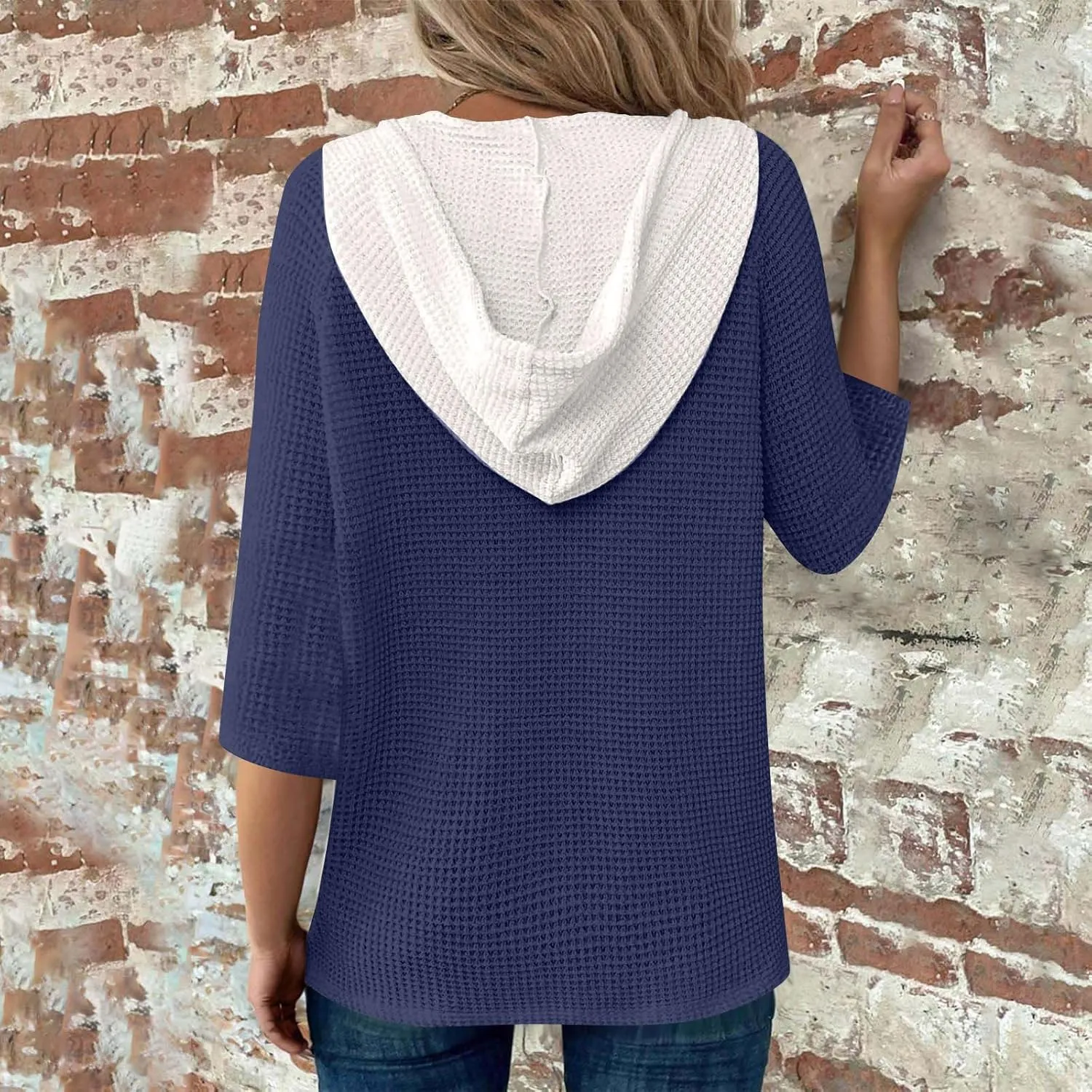 Henley Shirts for Women 3/4 Length Sleeve Button Summer Waffle Hoodies Pullover Cute Vneck Tops Elbow Sleeve Shirts