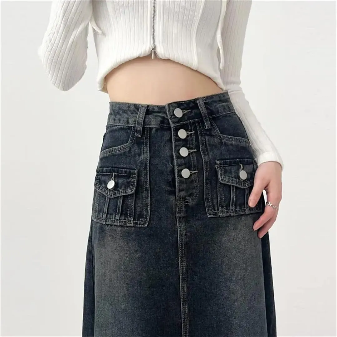 High-Waisted Cargo Denim Skirt Women's Long A-Line Mid-Length Skirt Retro Edge Skirt