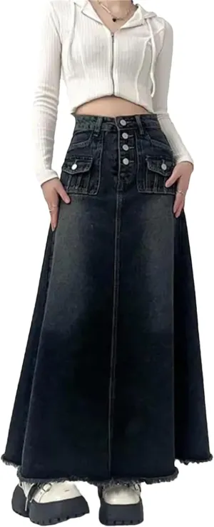 High-Waisted Cargo Denim Skirt Women's Long A-Line Mid-Length Skirt Retro Edge Skirt