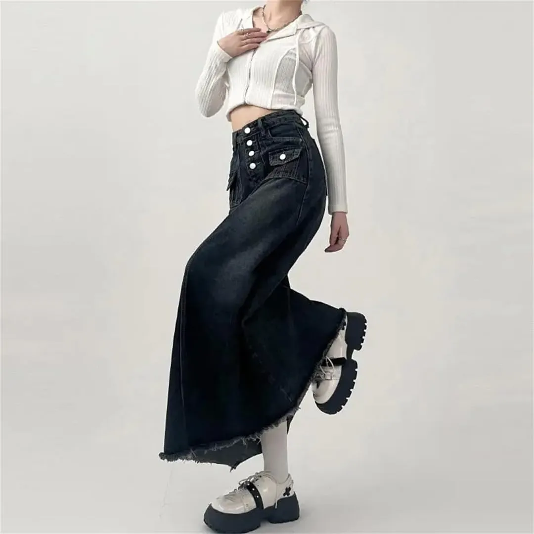 High-Waisted Cargo Denim Skirt Women's Long A-Line Mid-Length Skirt Retro Edge Skirt