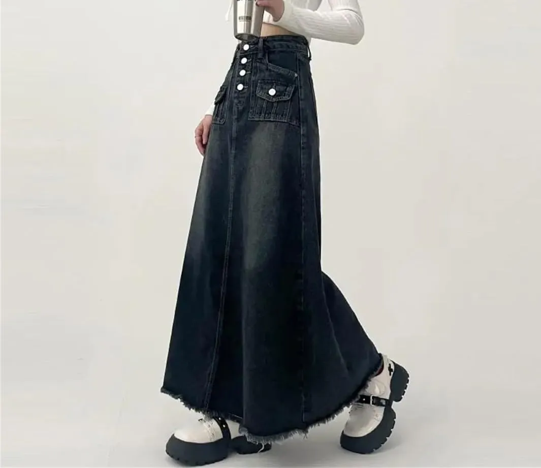 High-Waisted Cargo Denim Skirt Women's Long A-Line Mid-Length Skirt Retro Edge Skirt