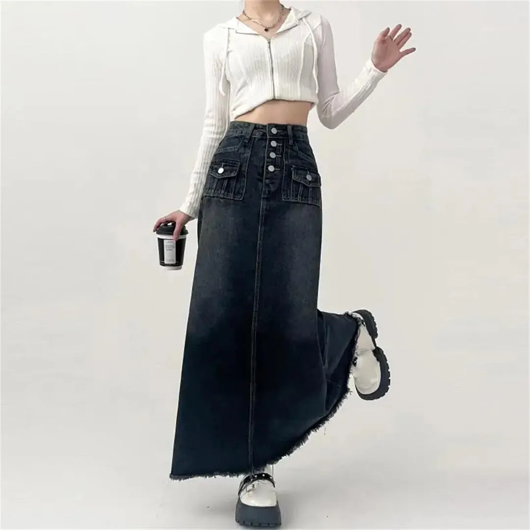 High-Waisted Cargo Denim Skirt Women's Long A-Line Mid-Length Skirt Retro Edge Skirt