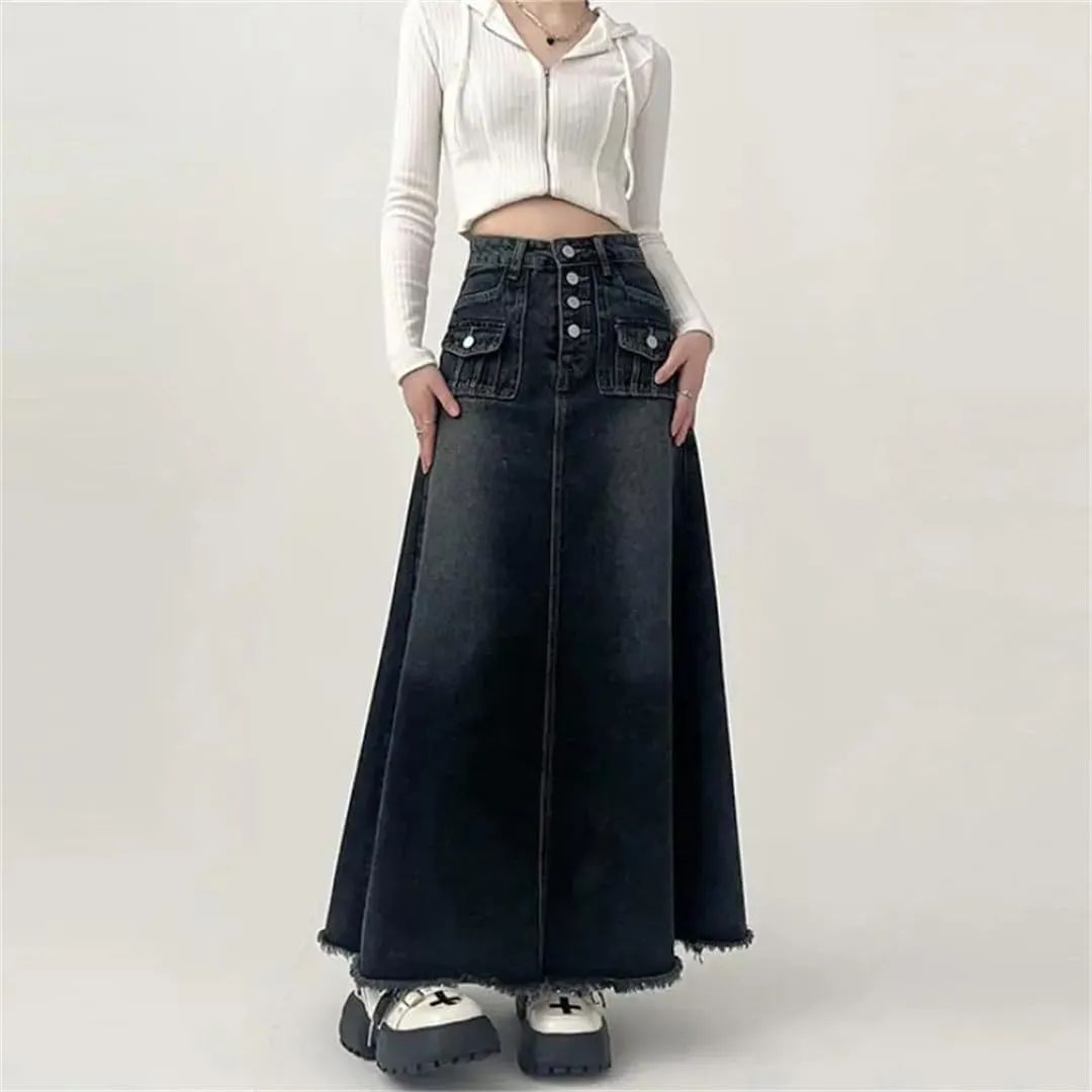High-Waisted Cargo Denim Skirt Women's Long A-Line Mid-Length Skirt Retro Edge Skirt