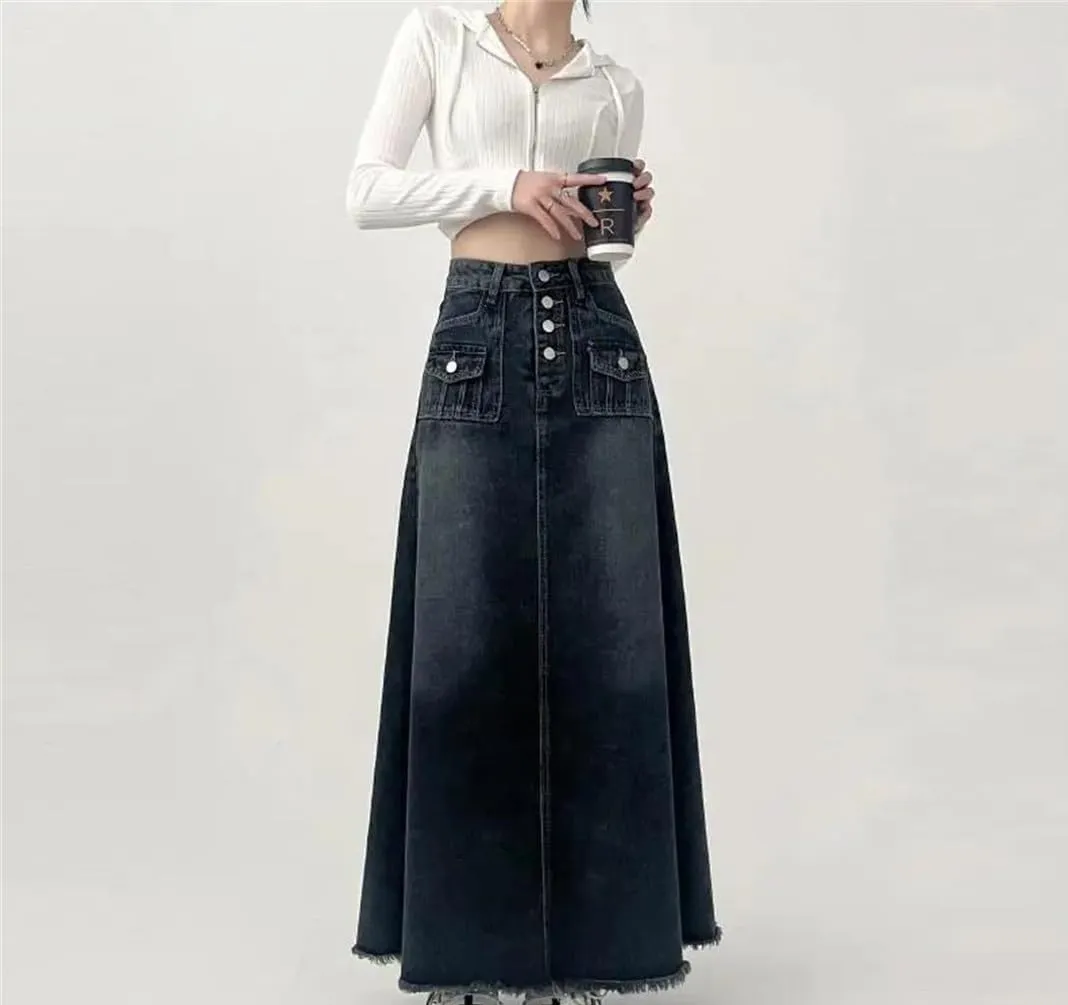 High-Waisted Cargo Denim Skirt Women's Long A-Line Mid-Length Skirt Retro Edge Skirt