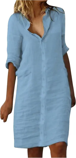 hlysgo Vacation Dresses for Women 2025 Trendy Button Down V Neck Half Sleeve Mini Dress Summer Cotton Linen Beach Dress