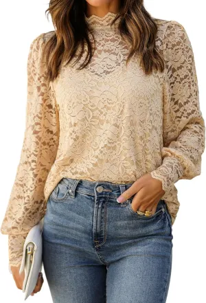 HOTOUCH Womens Lace Tops Mesh Sheer Floral Long Sleeve Mock Neck Casual Dressy Blouse Shirt with Camisole Sexy 2 PCS Set