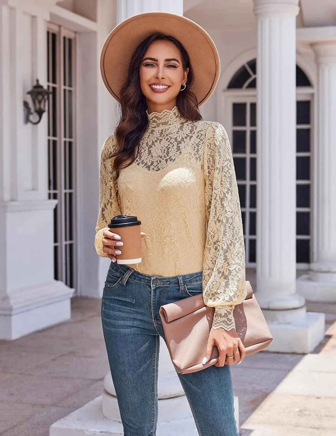 HOTOUCH Womens Lace Tops Mesh Sheer Floral Long Sleeve Mock Neck Casual Dressy Blouse Shirt with Camisole Sexy 2 PCS Set