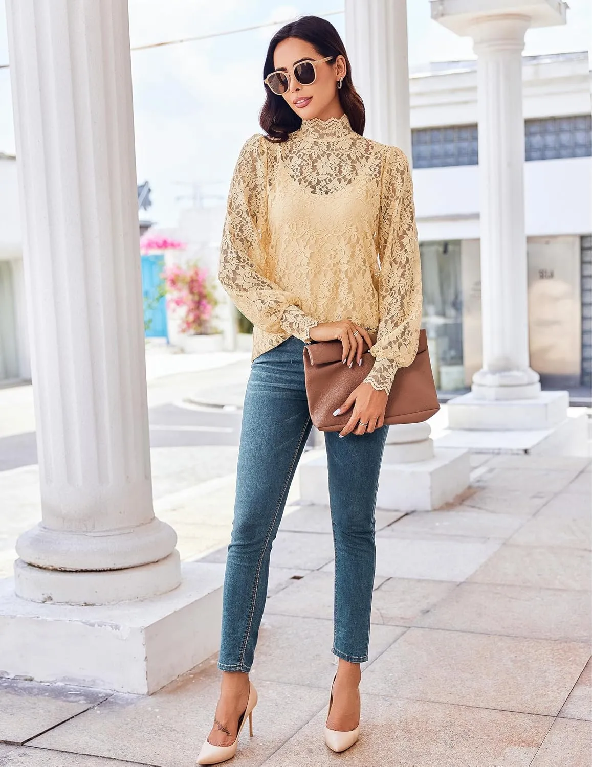 HOTOUCH Womens Lace Tops Mesh Sheer Floral Long Sleeve Mock Neck Casual Dressy Blouse Shirt with Camisole Sexy 2 PCS Set