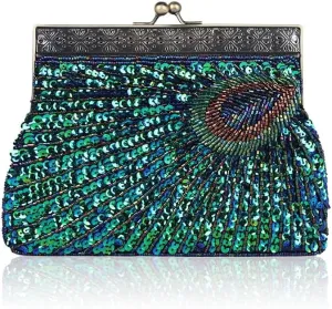 HUFFA Vintage Embroidery Small Pearl Day Clutch Shoulder Chain Handbags Rhinestones Purse Beaded Diamonds Women Evening Bags (Color : Malachite Blue)