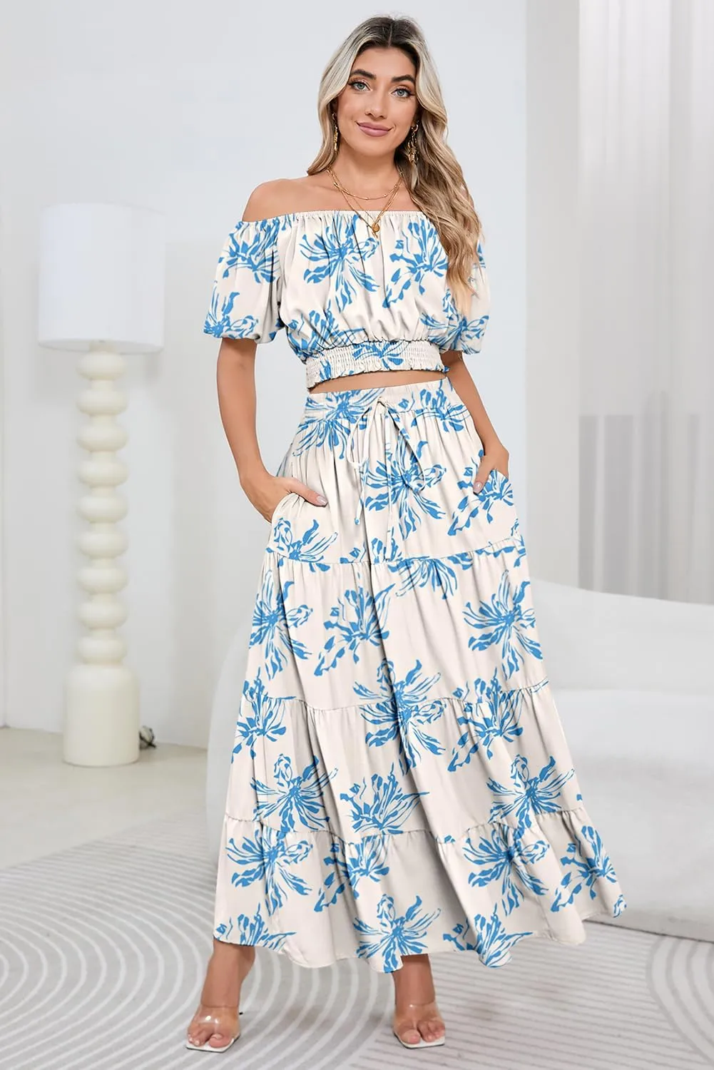 HUUSA 2025 Summer 2 Piece Boho Outfits for Women Short Sleeve Off Shoulder Crop Top and High Waist Flowy Long Skirt Set