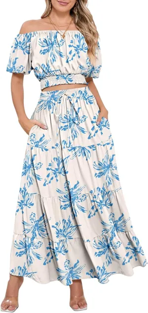 HUUSA 2025 Summer 2 Piece Boho Outfits for Women Short Sleeve Off Shoulder Crop Top and High Waist Flowy Long Skirt Set