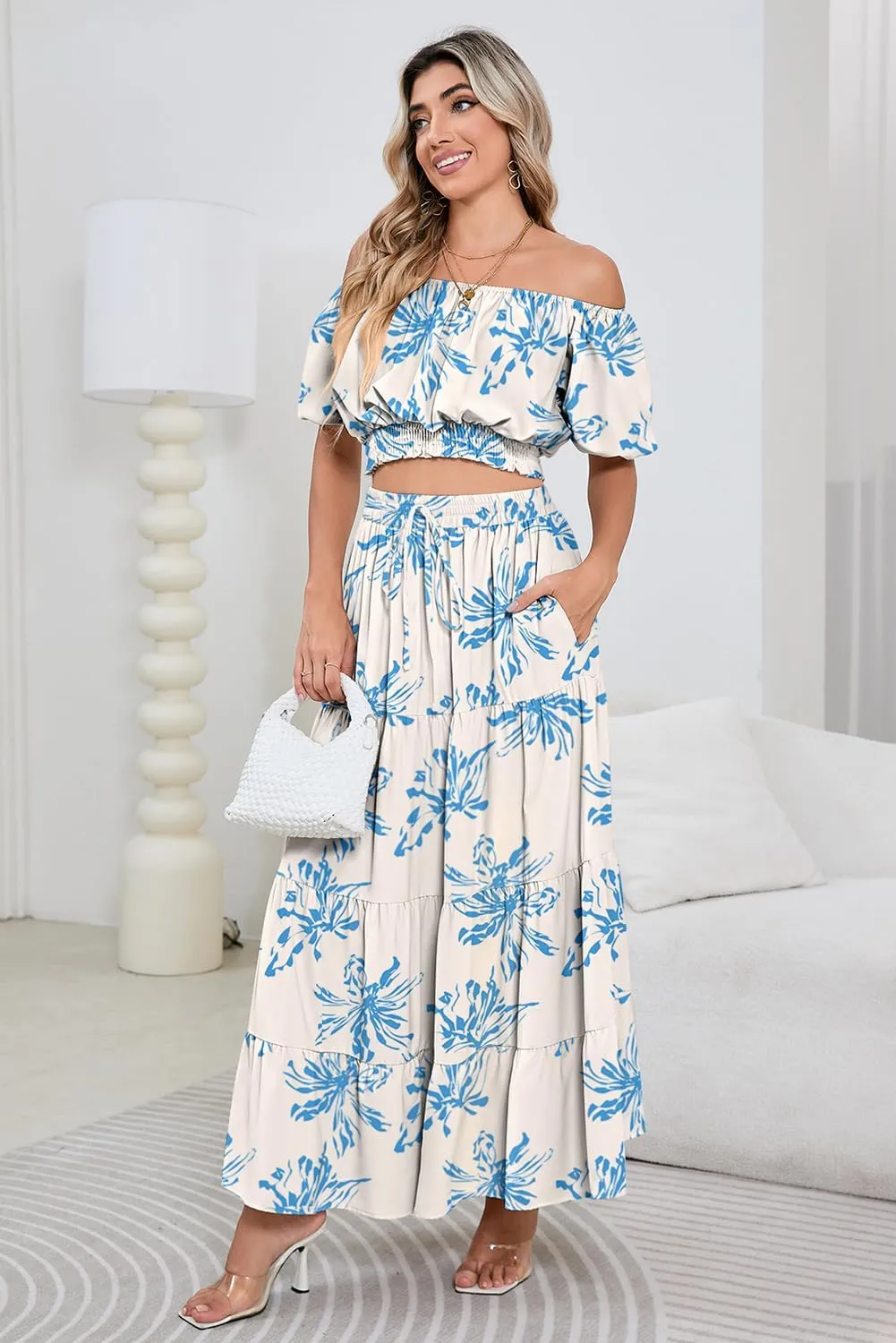 HUUSA 2025 Summer 2 Piece Boho Outfits for Women Short Sleeve Off Shoulder Crop Top and High Waist Flowy Long Skirt Set