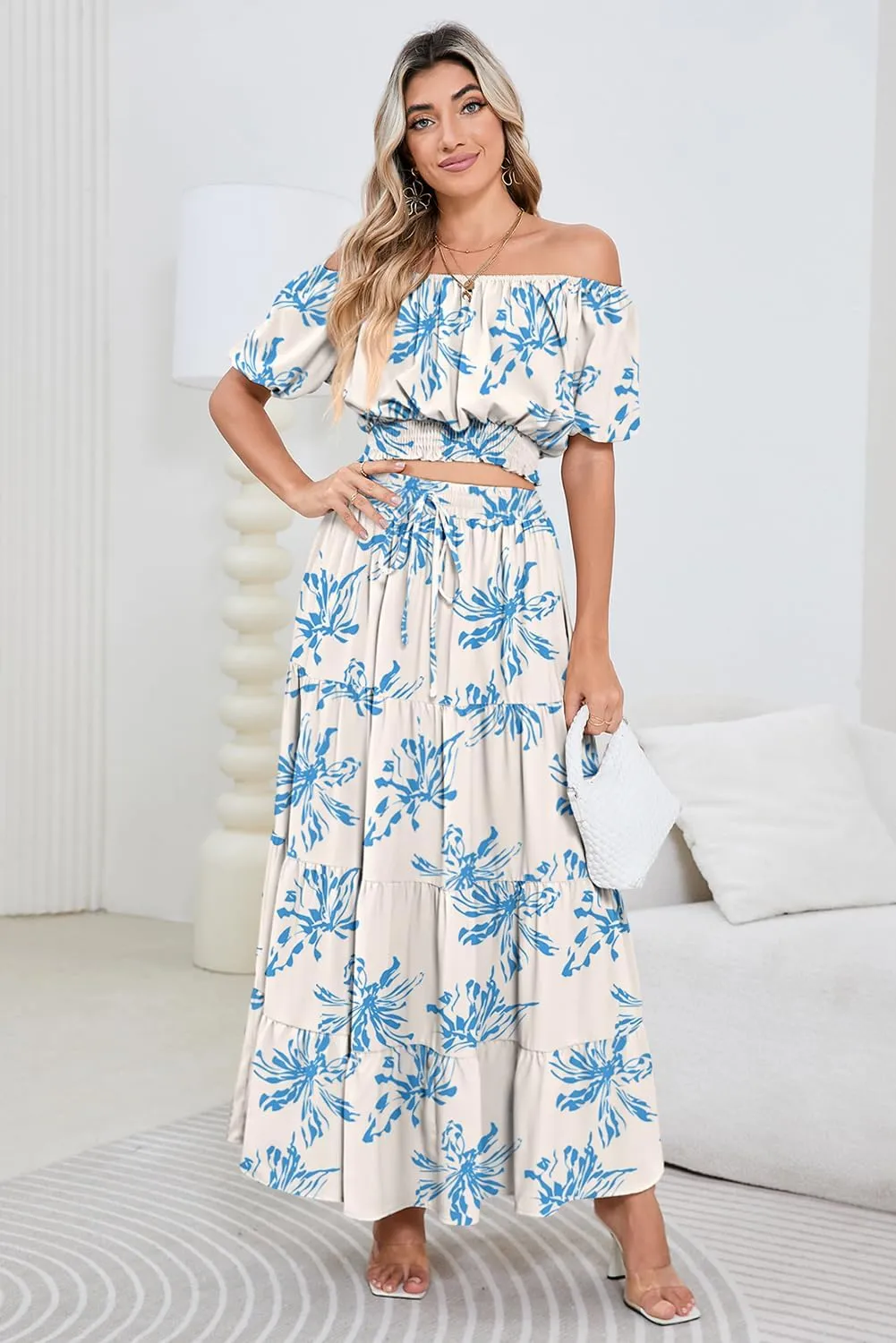 HUUSA 2025 Summer 2 Piece Boho Outfits for Women Short Sleeve Off Shoulder Crop Top and High Waist Flowy Long Skirt Set