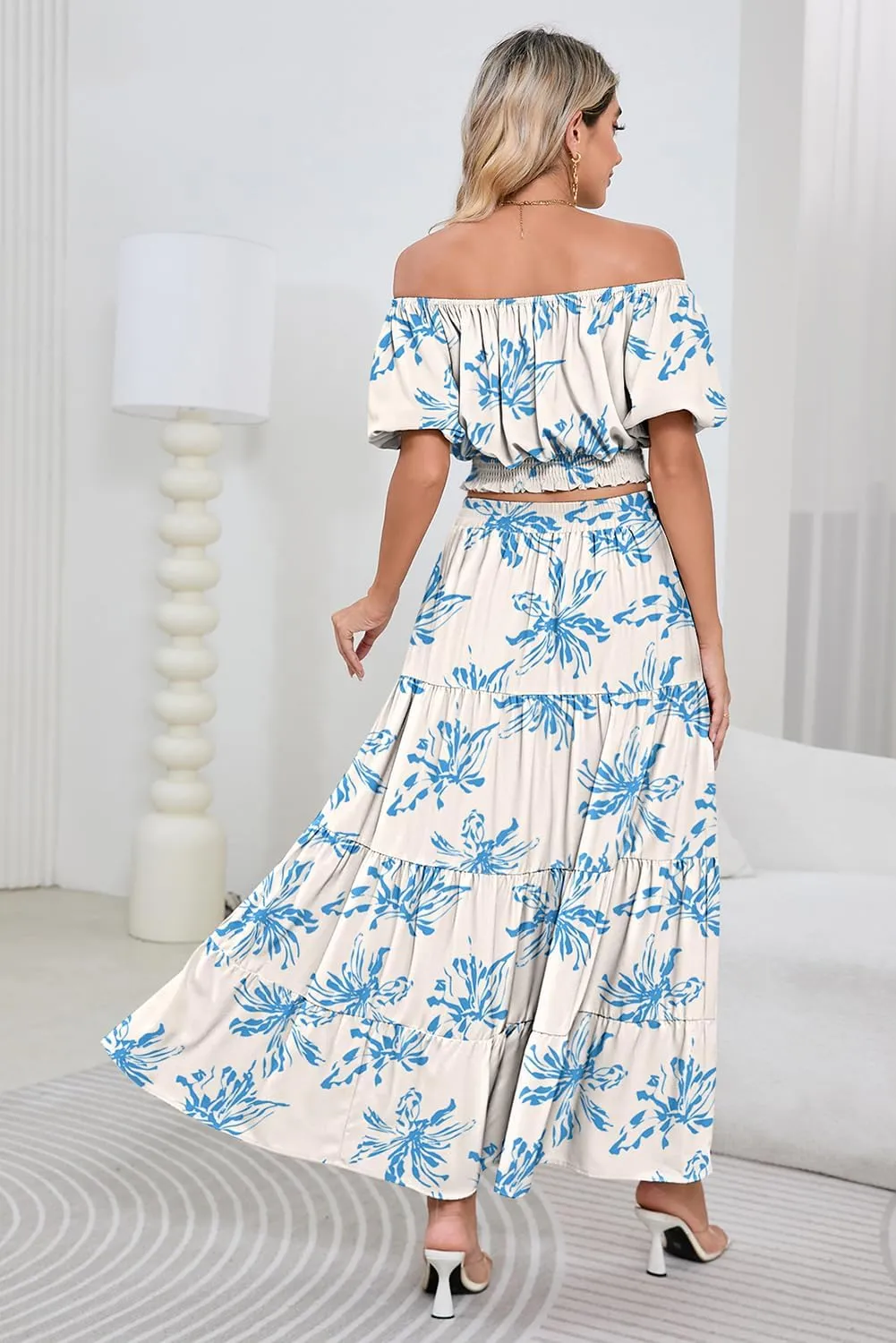 HUUSA 2025 Summer 2 Piece Boho Outfits for Women Short Sleeve Off Shoulder Crop Top and High Waist Flowy Long Skirt Set