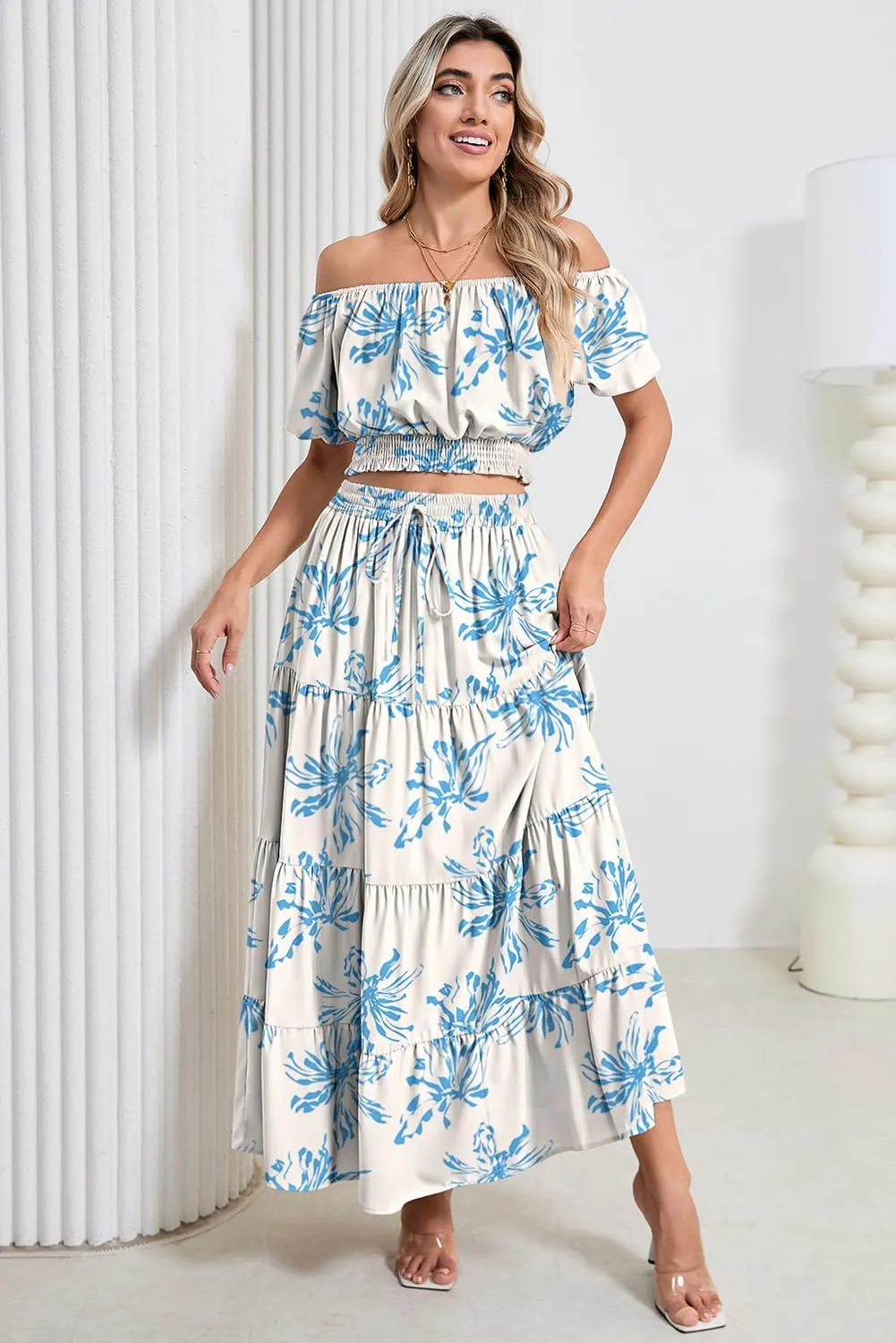 HUUSA 2025 Summer 2 Piece Boho Outfits for Women Short Sleeve Off Shoulder Crop Top and High Waist Flowy Long Skirt Set