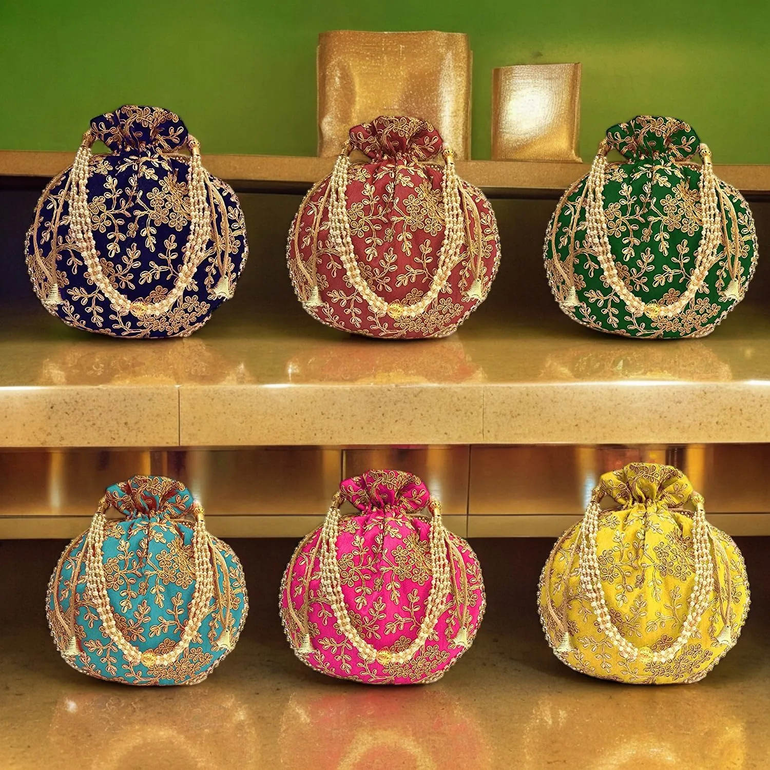 IGH Ethnic Potli Bag Ladies Handbag Batwa Pearls Handle Clutch Purse for Bridal Women