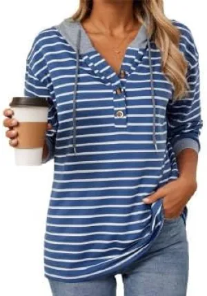 IVERIRMIN Women's Oversized Striped Button-up Hoodies Drawstring Hooded Sweatshirt Long Sleeve Shirts Pullover Tops for Women