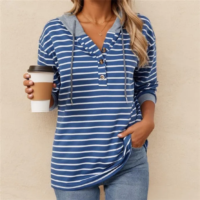 IVERIRMIN Women's Oversized Striped Button-up Hoodies Drawstring Hooded Sweatshirt Long Sleeve Shirts Pullover Tops for Women