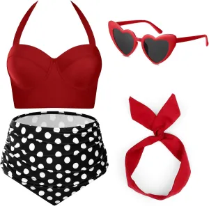 JaGely 4 Pcs 1950s Women Red Polka Dot Bikini Sets Vintage High Waisted Swimsuits Retro Wire Headband, Heart Sunglasses