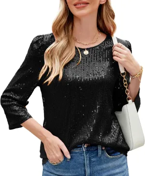 JASAMBAC 3/4 Sleeve Sequin Tops for Women Party Shimmer Embellished Sparkle Glitter Party Puff Tunic Top Blouse