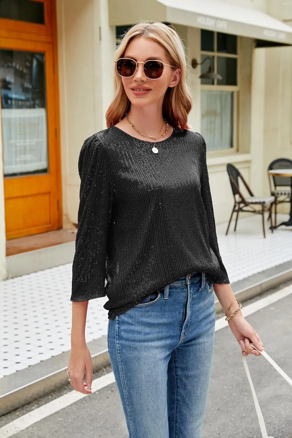 JASAMBAC 3/4 Sleeve Sequin Tops for Women Party Shimmer Embellished Sparkle Glitter Party Puff Tunic Top Blouse