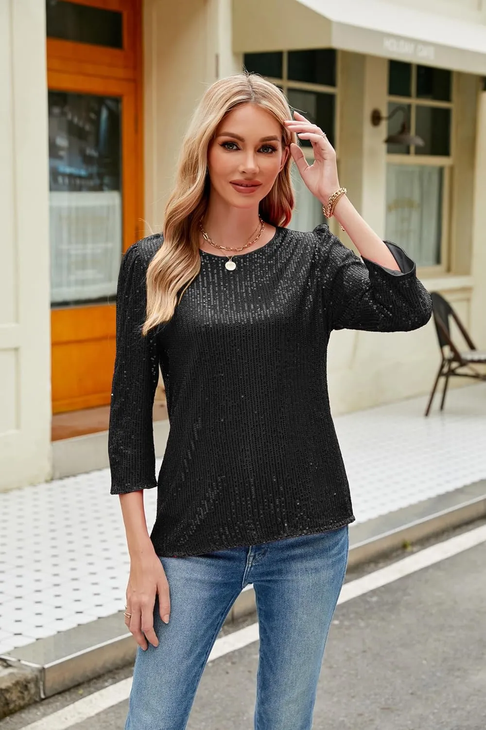 JASAMBAC 3/4 Sleeve Sequin Tops for Women Party Shimmer Embellished Sparkle Glitter Party Puff Tunic Top Blouse