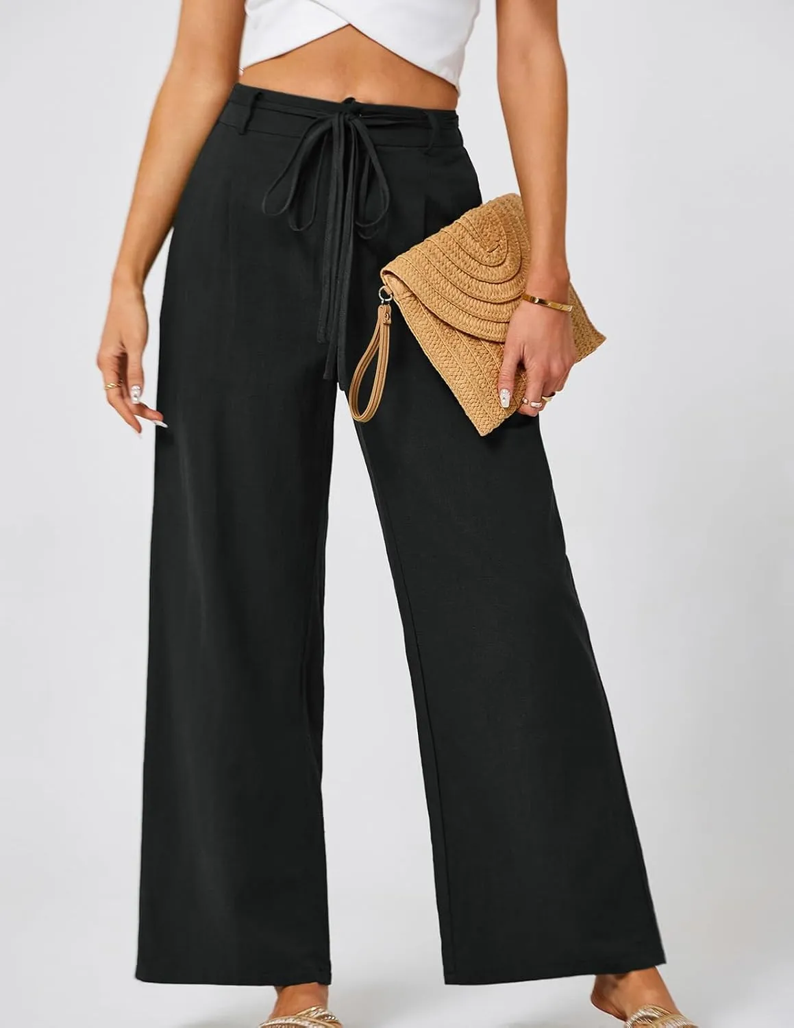 JASAMBAC Women's Linen Palazzo Lounge Pants High Waist Straight Wide Leg Summer Beach Causal Trousers with Double Belts