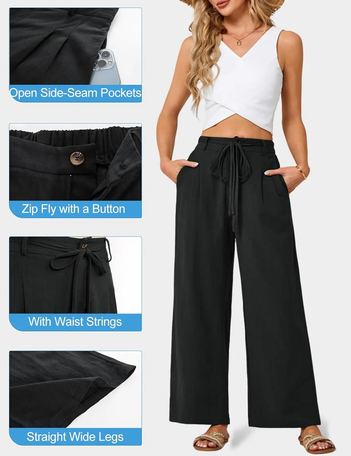 JASAMBAC Women's Linen Palazzo Lounge Pants High Waist Straight Wide Leg Summer Beach Causal Trousers with Double Belts