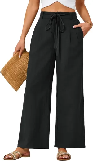 JASAMBAC Women's Linen Palazzo Lounge Pants High Waist Straight Wide Leg Summer Beach Causal Trousers with Double Belts