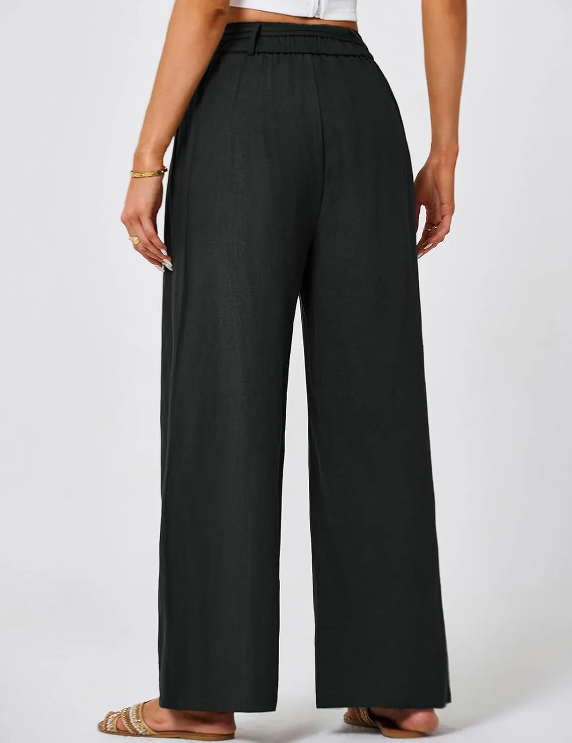 JASAMBAC Women's Linen Palazzo Lounge Pants High Waist Straight Wide Leg Summer Beach Causal Trousers with Double Belts
