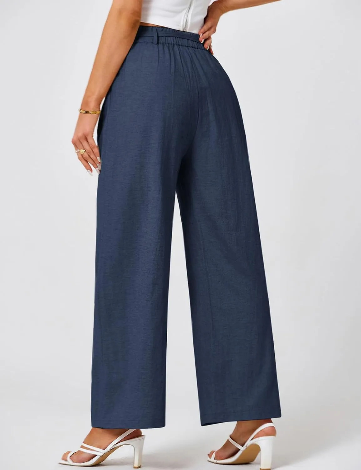 JASAMBAC Women's Linen Palazzo Lounge Pants High Waist Straight Wide Leg Summer Beach Causal Trousers with Double Belts