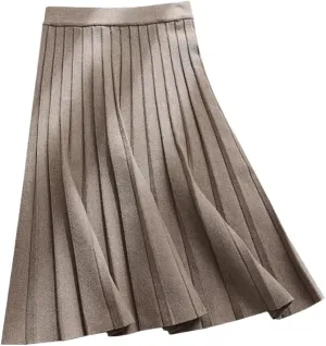 Jegsnoe Women Knitted Midi Skirt Elegant A-Line High Waist Pleated Long Skirt