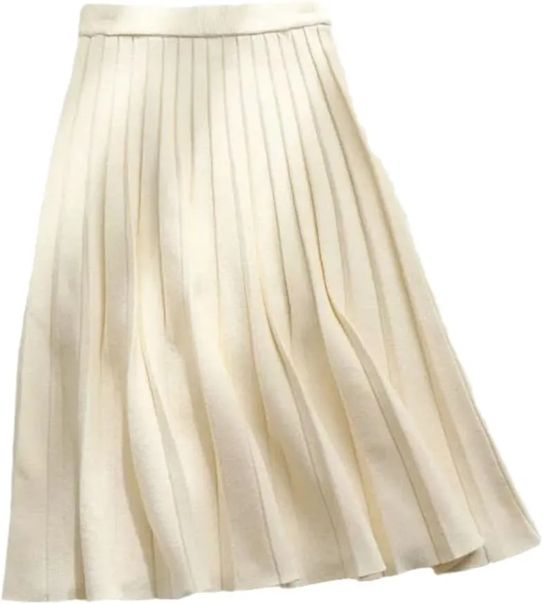 Jegsnoe Women Knitted Midi Skirt Elegant A-Line High Waist Pleated Long Skirt