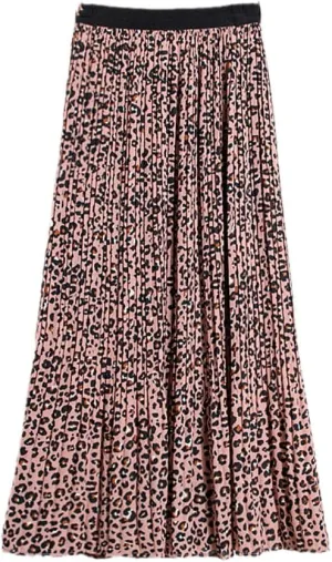 Jegsnoe Women Print Chiffon Midi Skirt Fashion A-Line Elastic High Waist Pleated Long Skirt with Lined