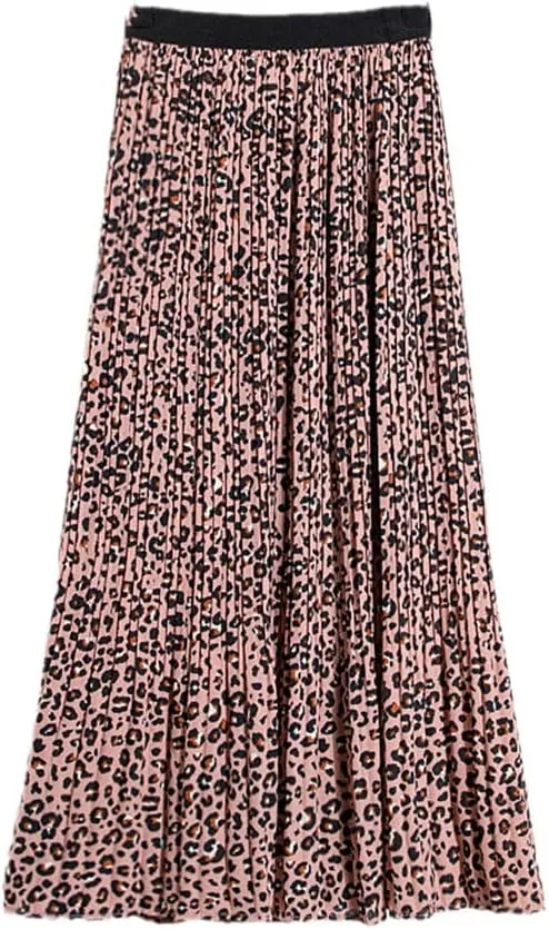 Jegsnoe Women Print Chiffon Midi Skirt Fashion A-Line Elastic High Waist Pleated Long Skirt with Lined