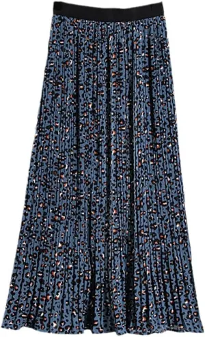 Jegsnoe Women Print Chiffon Midi Skirt Fashion A-Line Elastic High Waist Pleated Long Skirt with Lined